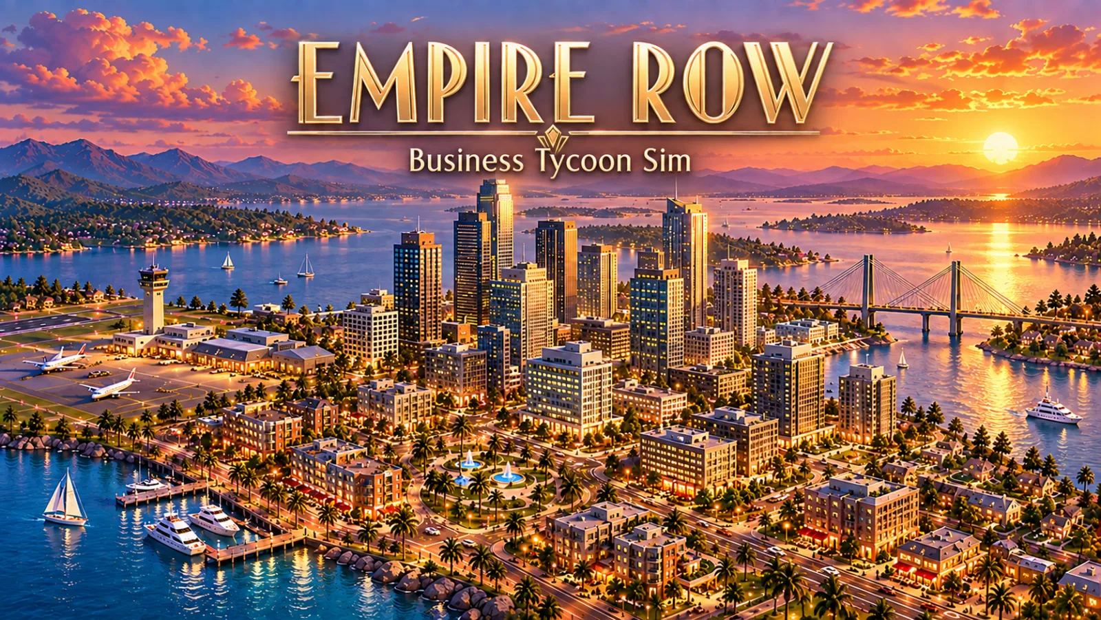 Empire Row: a city of towers, harbors and an airport at sunset
